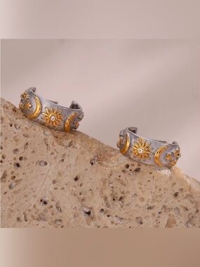 Thick Embossed Moon Sun Star Pattern Chunky Hoop Earrings Gold plated Waterproof